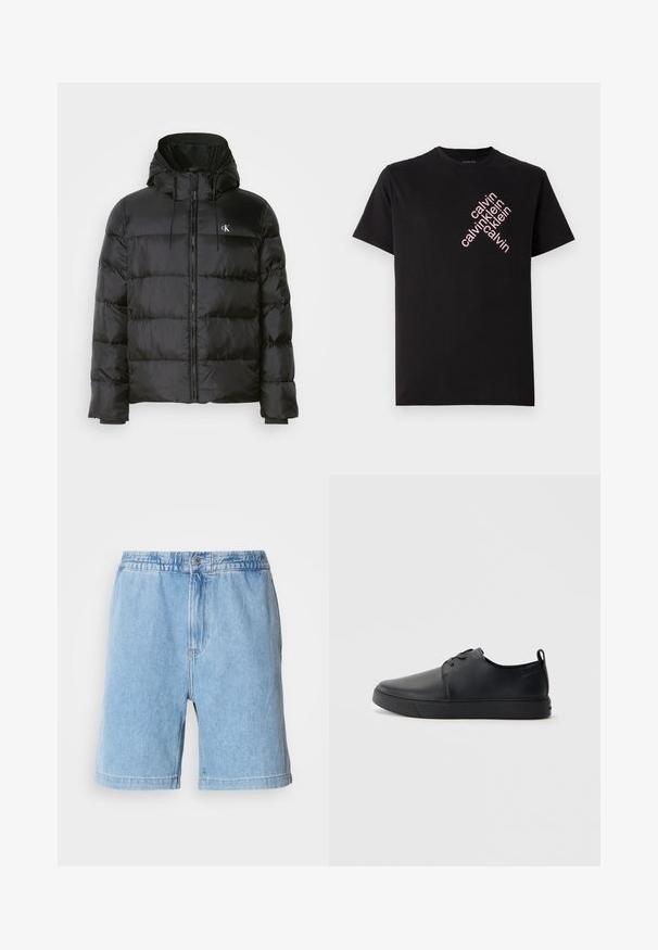 Black puffer jacket with a hood, featuring a zip front, stitched panels, elastic cuffs, and a small logo on the left chest.; Black cotton T-shirt featuring a diagonal pink "calvin klein" logo print on the front. Short sleeves and rounded neckline.; Light blue denim shorts with an elastic waistband, front button closure, side pockets, and a straight cut design. Mid-thigh length.; Black leather sneaker with a smooth finish, rounded toe, tonal stitching, lace-up front, and a flat rubber sole. Loop at the heel.