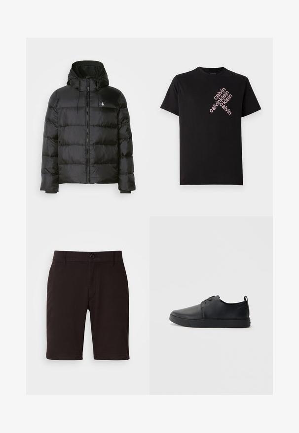 Crni dukserica s kapuljačom, s prednjim zatvaračem, šavanim panelima, elastičnim manžetama i malim logotipom na lijevoj strani prsiju.; Crna pamučna majica s dijagonalnim ružičastim otiskom "calvin klein" na prednjem dijelu. Kratki rukavi i okrugli izrez.; Crne kratke hlače od glatkog materijala, s kopčanjem na gumb, petljama za pojas i čistim linijama. Duljina doseže nešto iznad koljena.; Crne kožne tenisice s glatkom površinom, zaobljenim vrhom, tonom prošivanja, vezanjem sprijeda i ravnim gumenim potplatom. Oko pete se nalazi učka.