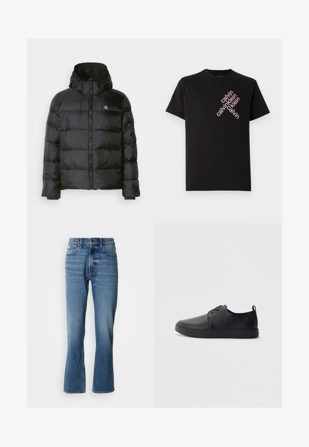Crni dukserica s kapuljačom, s prednjim zatvaračem, šavanim panelima, elastičnim manžetama i malim logotipom na lijevoj strani prsiju.; Crna pamučna majica s dijagonalnim ružičastim otiskom "calvin klein" na prednjem dijelu. Kratki rukavi i okrugli izrez.; Svijetloplavi traperice s ravnim krojem i blagim izrezom. Imaju pet džepova, zatvaranje na gumb i suptilne detalje pranja.; Crne kožne tenisice s glatkom površinom, zaobljenim vrhom, tonom prošivanja, vezanjem sprijeda i ravnim gumenim potplatom. Oko pete se nalazi učka.