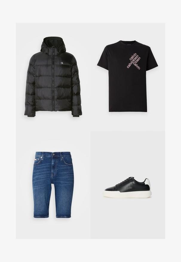 Crni dukserica s kapuljačom, s prednjim zatvaračem, šavanim panelima, elastičnim manžetama i malim logotipom na lijevoj strani prsiju.; Crna pamučna majica s dijagonalnim ružičastim otiskom "calvin klein" na prednjem dijelu. Kratki rukavi i okrugli izrez.; Plave traperice kratke hlače ravnog kroja, s pet džepova i vidljivim detaljima šivanja. Materijal ima glatku teksturu s blagim izblijedjenjem.; Crne kožne tenisice s bijelim gumeni potplat. Imaju okrugli vrh, dizajn s vezivanjem i logo detalj sa strane. Stražnji akcent u bijeloj boji.