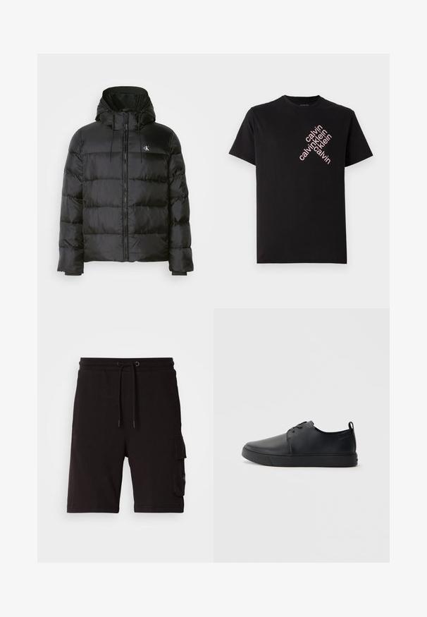 Mustan puffatakki, jossa on huppu, vetoketjukiinnitys, ommellut paneelit, joustavat hihansuut ja pieni logo vasemmassa rinnassa.; Mustat puuvillaiset t-paidat, joissa on vinosti pinkki "calvin klein" -logoscreeni edessä. Lyhyet hihat ja pyöreä kaula-aukko.; Mustat puuvillaiset cargo-lyhyet housut, joissa on säädettävä nauhavyötärö, sivutaskut ja rento istuvuus.; Musta nahkakengät hienolla pinnalla, pyöreällä varvastyönnöllä, sävyyn sointuvilla ompeluilla, nauhakengät edessä ja littealla kumipohjalla. Silmukka kantapäässä.