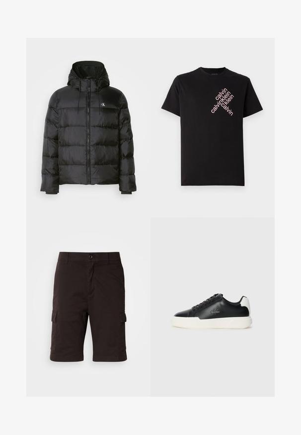 Crni dukserica s kapuljačom, s prednjim zatvaračem, šavanim panelima, elastičnim manžetama i malim logotipom na lijevoj strani prsiju.; Crna pamučna majica s dijagonalnim ružičastim otiskom "calvin klein" na prednjem dijelu. Kratki rukavi i okrugli izrez.; Crne cargo kratke hlače s zatvaranjem na dugme, bočnim džepovima i ravnim krojem. Izrađene od izdržljive tkanine, s glatkom teksturom.; Crne kožne tenisice s bijelim gumeni potplat. Imaju okrugli vrh, dizajn s vezivanjem i logo detalj sa strane. Stražnji akcent u bijeloj boji.