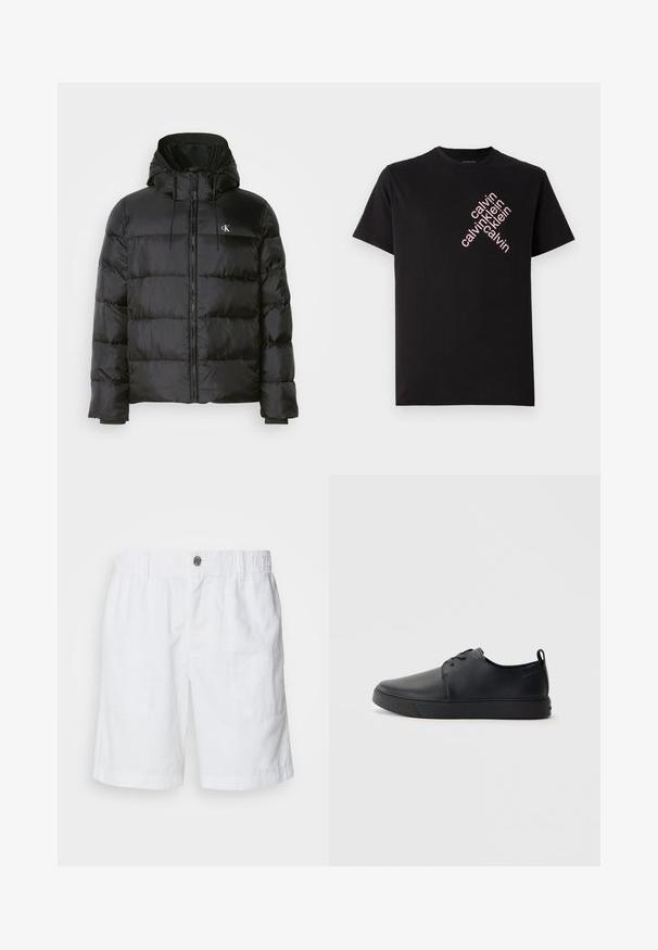 Mustan puffatakki, jossa on huppu, vetoketjukiinnitys, ommellut paneelit, joustavat hihansuut ja pieni logo vasemmassa rinnassa.; Mustat puuvillaiset t-paidat, joissa on vinosti pinkki "calvin klein" -logoscreeni edessä. Lyhyet hihat ja pyöreä kaula-aukko.; Valkoiset pellavashortsit, joissa on elastinen vyötärö ja metallipainike. Ominaisuuksiin kuuluu kaksi sivutaskua ja rento istuvuus.; Musta nahkakengät hienolla pinnalla, pyöreällä varvastyönnöllä, sävyyn sointuvilla ompeluilla, nauhakengät edessä ja littealla kumipohjalla. Silmukka kantapäässä.