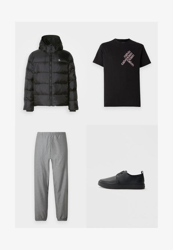 Black puffer jacket with a hood, featuring a zip front, stitched panels, elastic cuffs, and a small logo on the left chest.; Black cotton T-shirt featuring a diagonal pink "calvin klein" logo print on the front. Short sleeves and rounded neckline.; Gray, lightweight pants with an elastic waistband, slightly tapered legs, and elastic cuffs. Smooth texture with a subtle pattern.; Black leather sneaker with a smooth finish, rounded toe, tonal stitching, lace-up front, and a flat rubber sole. Loop at the heel.