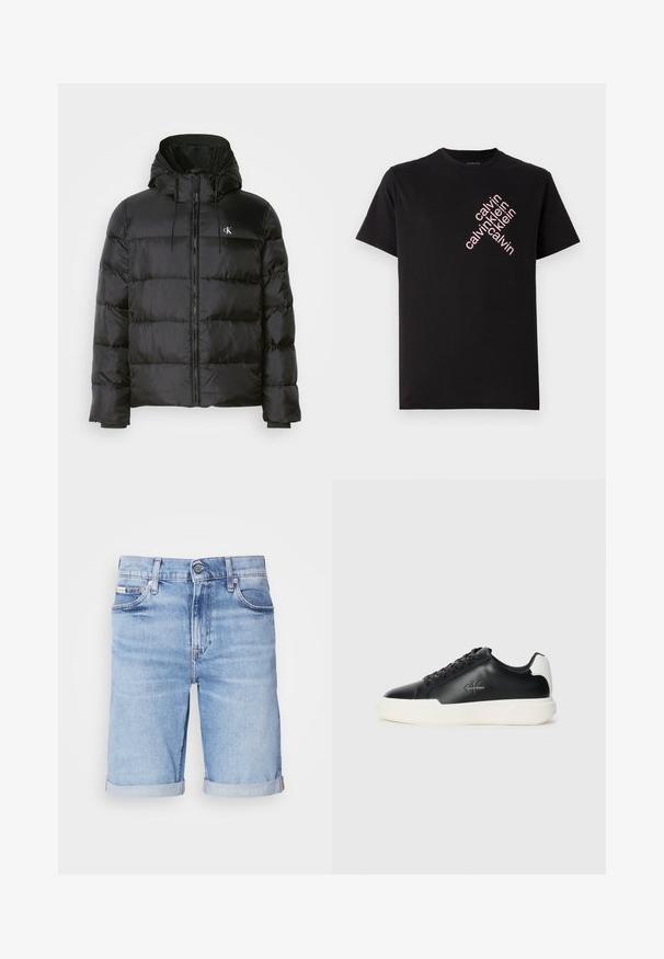 Black puffer jacket with a hood, featuring a zip front, stitched panels, elastic cuffs, and a small logo on the left chest.; Black cotton T-shirt featuring a diagonal pink "calvin klein" logo print on the front. Short sleeves and rounded neckline.; Light blue denim shorts with a straight cut, rolled hem, five-pocket design, and a single button closure at the waistband.; Black leather sneakers with white rubber sole. Features round toe, lace-up design, and logo detail on the side. Rear accent in white.