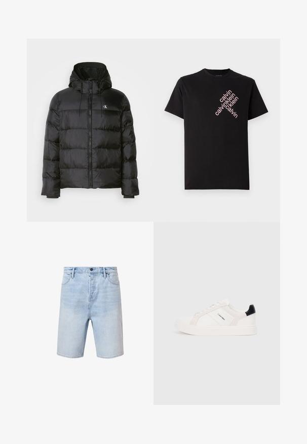 Black puffer jacket with a hood, featuring a zip front, stitched panels, elastic cuffs, and a small logo on the left chest.; Black cotton T-shirt featuring a diagonal pink "calvin klein" logo print on the front. Short sleeves and rounded neckline.; Light blue denim shorts with a regular fit, five-pocket design, and a button fly. Features subtle fading and stitched hem.; White sneakers with light pink and black accents, featuring smooth leather and suede panels, round toe, and flat rubber sole.