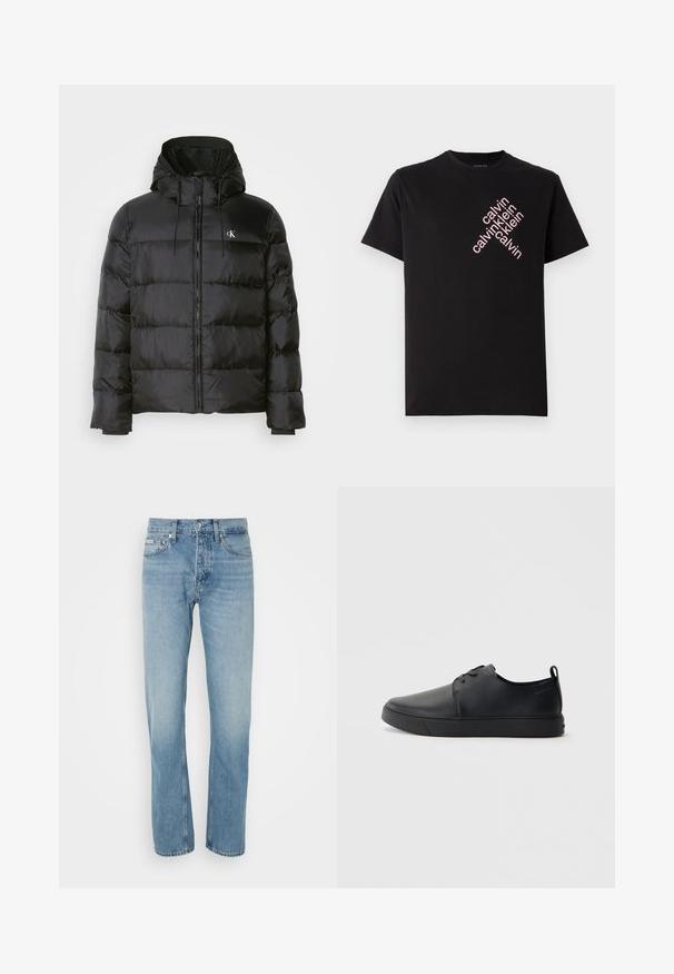 Črna puffer jakna s kapuco, z zadrgo na sprednji strani, šivanimi paneli, elastičnimi manšetami in majhnim logotipom na levi prsni strani.; Črna bombažna majica s kratkimi rokavi, ki ima diagonalno roza logotip "calvin klein" natisnjen na sprednji strani. Ima okroglo izrez.; Svetlo modri kavbojke z ravno nogo, petimi žepi in zapiranjem na gumb in zadrgo. Imajo subtilno zbledelo barvo in šivane detajle.; Črne usnjene športne čevlje z gladko površino, okroglo oblikovano nosilo, toniranim šivanjem, vezanjem spredaj in ravnim gumijastim podplatom. Zanko na peti.