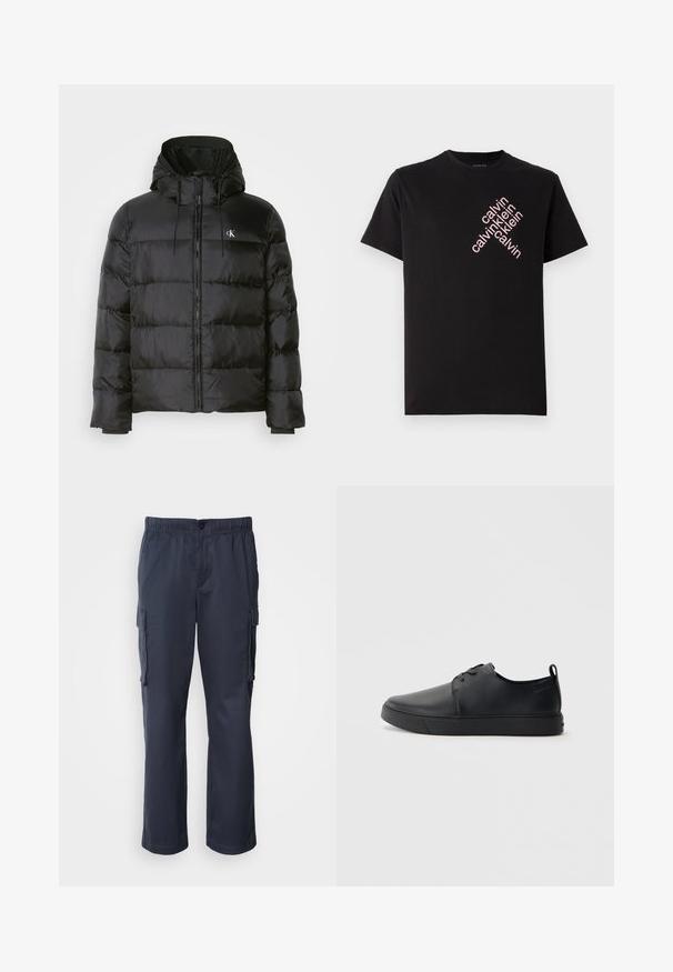 Casaco puffer preto com capuz, apresentando fecho éclair na frente, painéis cosidos, punhos elásticos e um pequeno logotipo no lado esquerdo do peito.; T-shirt preto em algodão com impressão diagonal do logotipo "calvin klein" em rosa na parte frontal. Mangas curtas e decote redondo.; Calças cargo em azul-marinho, feitas de tecido leve, com um cós elástico, dois bolsos laterais e dois bolsos cargo.; Sapatilha de couro preta com um acabamento liso, bico arredondado, costura ton sur ton, frente com atacadores e sola plana de borracha. Alça no calcanhar.