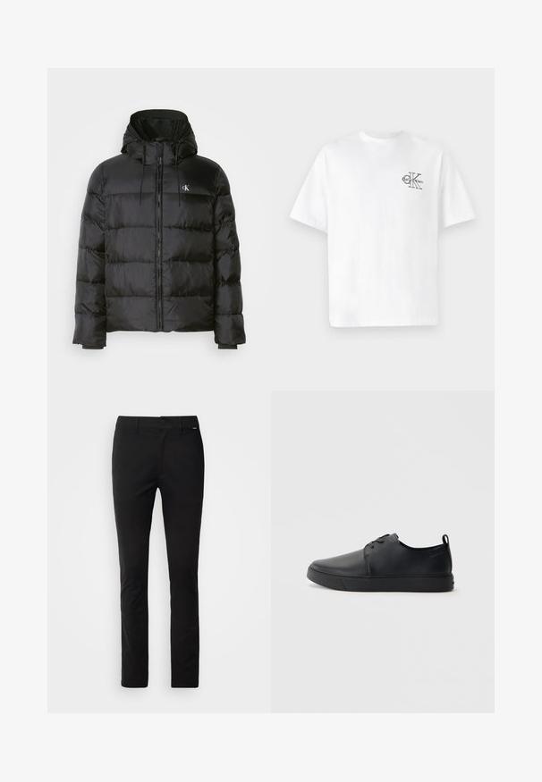 Crni dukserica s kapuljačom, s prednjim zatvaračem, šavanim panelima, elastičnim manžetama i malim logotipom na lijevoj strani prsiju.; Bjela pamučna majica kratkih rukava, okruglog izreza, s crnim CK logom na lijevoj strani prsnog dijela, standardnog kroja, glatke teksture.; Crne hlače ravnog kroja, izrađene od glatkog materijala. Imaju standardnu traku u struku s prednjim zatvaračem i malom oznakom brenda sa strane.; Crne kožne tenisice s glatkom površinom, zaobljenim vrhom, tonom prošivanja, vezanjem sprijeda i ravnim gumenim potplatom. Oko pete se nalazi učka.