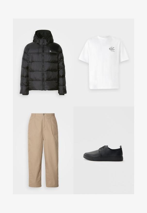 Mustat puffer-jakid, millel on kapuuts, ees on tõmblukk, õmblustel on paneelid, elastsed mansetid ja vasakul rinnal on väike logo.; Valge puuvillane T-särk lühikeste varrukatega, ümmarguse kaelusega, mille vasakul rinnal on must CK logo, tavaprofiil, sile tekstuur.; Beez, kerge puuvillased püksid volditud esiosaga, nööbiga kinnitamine ja sirged sääred, millel on sile tekstuur ja ei ole nähtavaid mustreid.; Mustaläik nahast spordijalatsid siledaga viimistlusega, ümarate varvastega, sama tooni õmblustega, nööbid ees, ja lamedate kummist tallaga. Kannas aas.