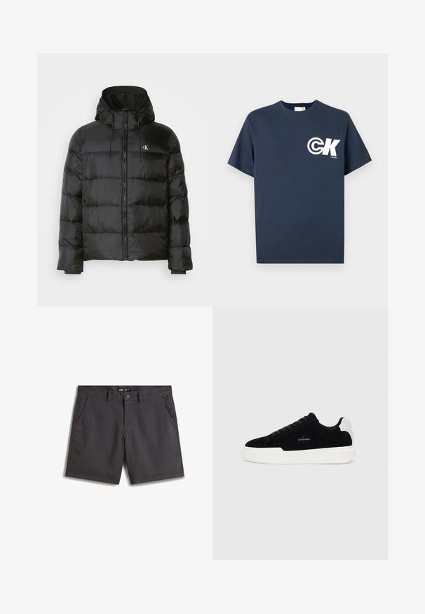 Doudoune noire avec une capuche, dotée d'une fermeture éclair sur le devant, de panneaux cousus, de poignets élastiques et d'un petit logo sur la poitrine gauche.; T-shirt bleu marine à manches courtes et col rond, avec logo CK blanc et texte "Calvin Klein" sur le côté gauche de la poitrine.; Shorts gris en coton lisse, avec deux poches avant, une fermeture à bouton et un design plat à l'avant. Pas de motifs ni d'accents visibles.; Baskets basses noires avec semelle et talon blanc, lacets à l'avant et logo Calvin Klein sur le côté.