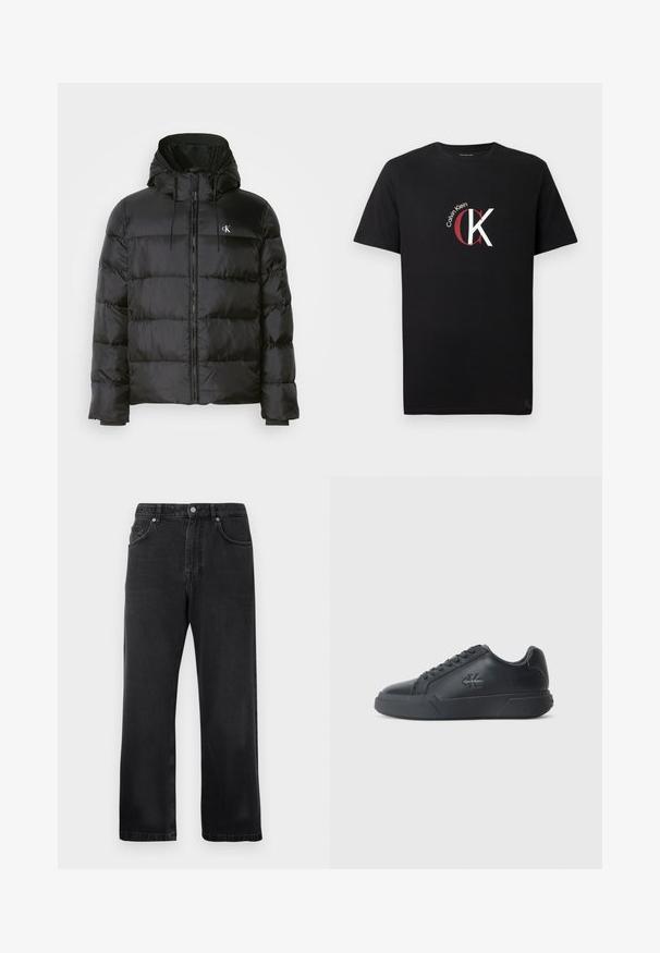 Casaco puffer preto com capuz, apresentando fecho éclair na frente, painéis cosidos, punhos elásticos e um pequeno logotipo no lado esquerdo do peito.; T-shirt preta de algodão com um logótipo "Calvin Klein" em branco e vermelho e um design gráfico estilizado "CK" na frente. Manga curta.; Jeans pretos de perna reta com bolsos frontais, passadores de cinto e fechamento com botão sobre um fundo branco.; Sneakers de couro preto apresentam um bico arredondado, sola plana e um design com cordões. Detalhes notáveis incluem um logotipo discreto na lateral.
