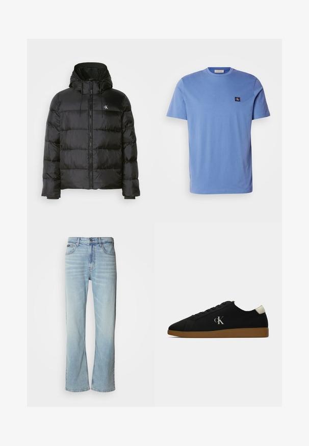 Svart pufferjakke med hette, med glidelås foran, sømdelte paneler, elastiske mansjetter og en liten logo på venstre bryst.; Lyseblå bomull T-skjorte med korte ermer og rund hals, med et lite mørkeblått logo-patch på venstre bryst. Glatt tekstur.; Lyseblå denim jeans med rett ben, med fem lommer, knappelukking og subtile falminger på stoffet.; Sorte kanvas sneakers med gummisåle, med en sølv "cK" logo på siden og en hvit detalj ved hælen. Lave sneakers.