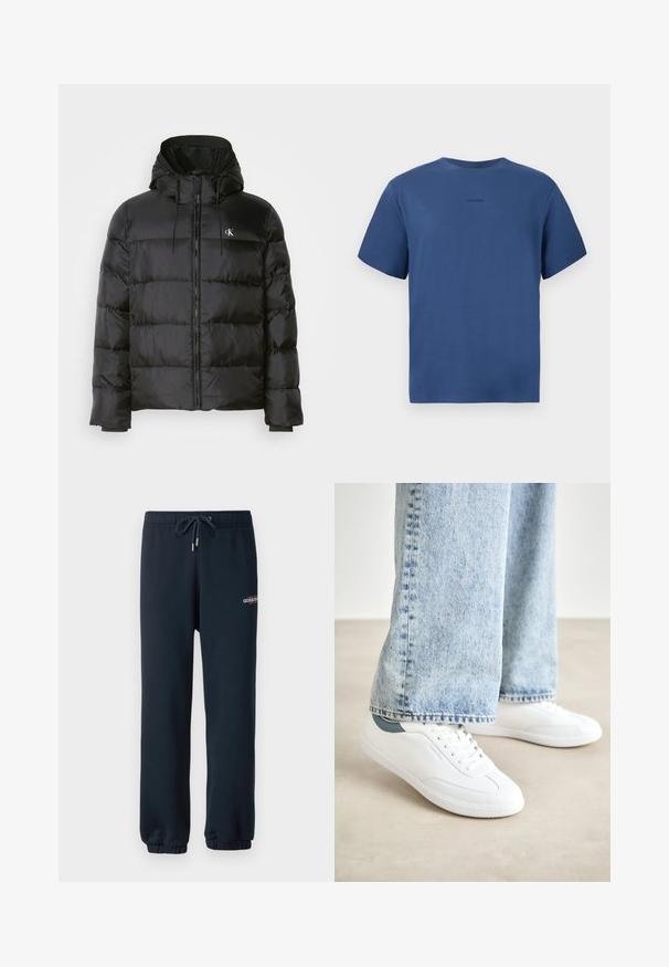 Čierna prešívaná bunda s kapucňou, so zipsom vpredu, prešitými panelmi, elastickými manžetami a malým logom na ľavej hrudi.; Modrá polokošela s krátkym rukávom a okrúhlym výstrihom, s malým čiernym logom Calvin Klein umiestneným na strede hrude, prezentovaná na bielom pozadí.; Námornícke teplákové nohavice vyrobené z jemnej zmesi bavlny, s elastickým pásom s šnúrkou a zúženými manžetami; malý logový detail na stehne.; Biele tenisky s hladkým materiálom, šnurovací dizajn, textúrovaná gumová podrážka a tyrkysový akcent na päte, skombinované s svetlomodrými džínami.