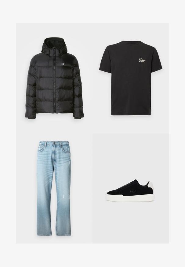 Juodas pūkinis švarkas su kapišonu, su užtrauktuku priekyje, siuvinėtomis panelėmis, elastingomis rankovėmis ir mažu logotipu kairėje krūtinės pusėje.; Juodos medvilnės marškinėliai su apvalia iškirpte ir trumpomis rankovėmis. Kairėje krūtinės pusėje yra baltas "Guess" logotipas. Klasikinis tiesus kirpimas.; Šviesiai mėlyni džinsai su šiek tiek laisvu tiesiu kirpimu, su nusidėvėjimo akcentais, klasikiniu penkių kišenių dizainu ir mygtuko uždarymu.; Juodos žemos sportinės bateliai su balta padais ir kulno juostele, susirišami priekyje, su Calvin Klein logo šone.