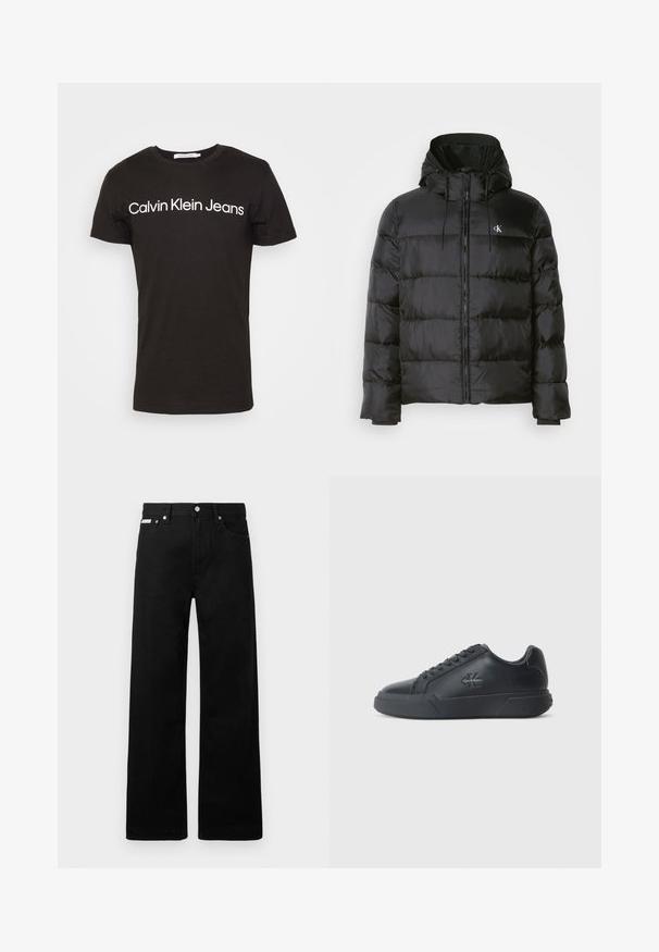 Chaqueta de plumas negra con capucha, que presenta un cierre frontal con cremallera, paneles cosidos, puños elásticos y un pequeño logo en el lado izquierdo del pecho.; Camiseta de algodón negra con escote redondo y mangas cortas; logo de "Calvin Klein Jeans" en blanco en el pecho.; Pantalones de mezclilla negros con un diseño de pierna ancha, que cuentan con cinco bolsillos y herrajes de botón metálico. Textura suave, sin patrones visibles.; Las zapatillas negras de cuero cuentan con una punta redondeada, suela plana y un diseño de cordones. Los detalles notables incluyen un logotipo sutil en el lateral.