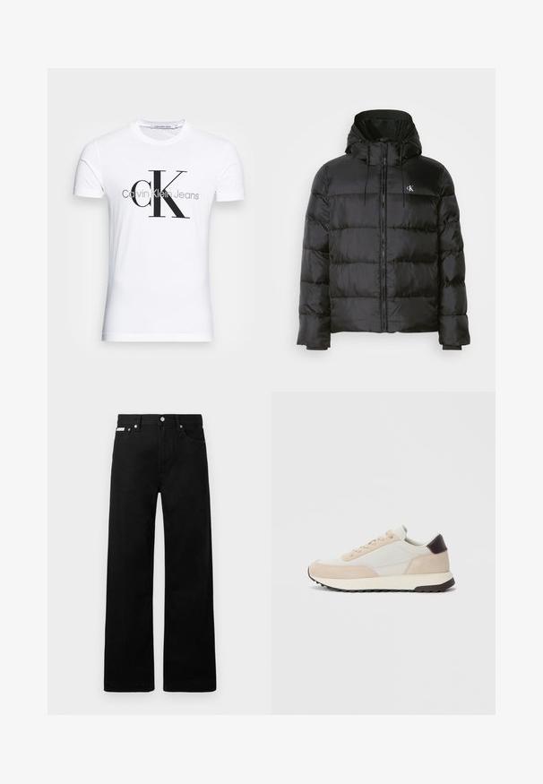 Čierna prešívaná bunda s kapucňou, so zipsom vpredu, prešitými panelmi, elastickými manžetami a malým logom na ľavej hrudi.; Biele bavlnené tričko s čiernym logom "CK" a nápisom "Calvin Klein Jeans", krátke rukávy a klasický okrúhly výstrih.; Čierne džínsy s širokými nohavicami, obsahujúce päť vreciek a kovové zapínanie. Hladká textúra, bez viditeľných vzorov.; Tenisky s kombináciou béžového semišu a svetlo šedej kože, polstrovaným golierom, šnurovaním a štruktúrovanou gumovou podrážkou.