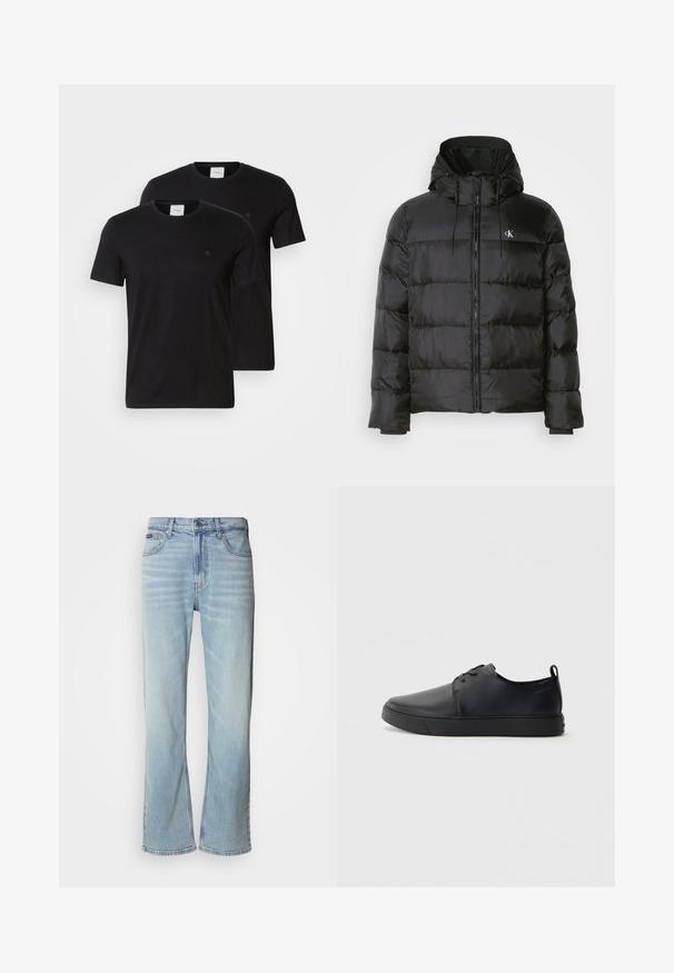 Black puffer jacket with a hood, featuring a zip front, stitched panels, elastic cuffs, and a small logo on the left chest.; Black cotton t-shirts with crew necks and short sleeves. Features small logo on the chest. Supplied as a pack of two.; Light blue denim jeans with a straight-leg cut, featuring five pockets, a button closure, and subtle fading on the fabric.; Black leather sneaker with a smooth finish, rounded toe, tonal stitching, lace-up front, and a flat rubber sole. Loop at the heel.