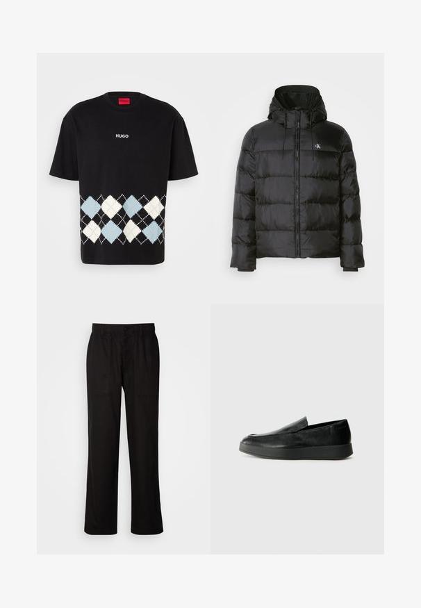 Mustat puffer-jakid, millel on kapuuts, ees on tõmblukk, õmblustel on paneelid, elastsed mansetid ja vasakul rinnal on väike logo.; Mustad puuvillane T-särk, lühikeste varrukatega, ümmarguse kaelusega ning alumises osas sinise ja kreemika rombimustriga, mille kohal on "HUGO" logo.; Mustad lõdva istuvusega mustad püksid, mis on valmistatud kergest kangast. Omavad elastset vöökohta, nööbiga sulgemist ja kahte esist taskut.; Calvin Klein HYBRID CUP - Jalga libistatavad jalanõud - triple black