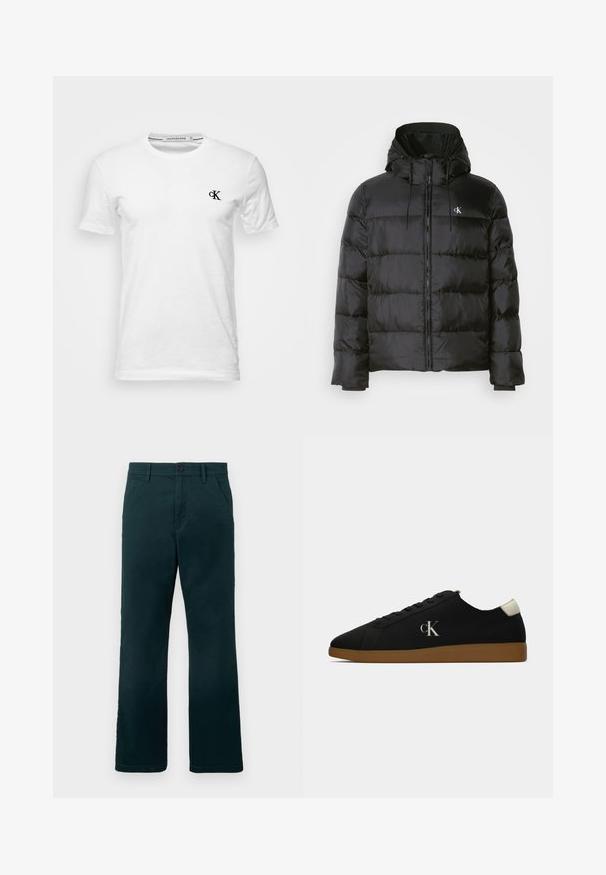 Casaco puffer preto com capuz, apresentando fecho éclair na frente, painéis cosidos, punhos elásticos e um pequeno logotipo no lado esquerdo do peito.; Camiseta de algodão branca com gola redonda e mangas curtas, apresentando um pequeno logótipo "ck" preto na área do peito esquerdo.; Calças retas de cor verde-escuro com passantes para cinto, bolsos laterais e fecho de botão sobre um fundo branco liso.; Sapatilhas pretas de lona com sola de borracha caramelo, apresentando um logo prateado "cK" de um lado e um detalhe branco no calcanhar. Design de cano baixo.