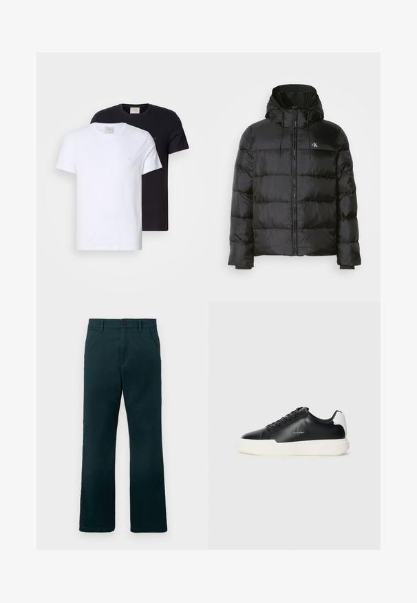 Black puffer jacket with a hood, featuring a zip front, stitched panels, elastic cuffs, and a small logo on the left chest.; Two crew-neck t-shirts, one white and one black, made of soft cotton. Both have a plain design and a small logo on the chest.; Dark green straight-leg trousers with belt loops, side pockets, and a button closure on a plain white background.; Black leather sneakers with white rubber sole. Features round toe, lace-up design, and logo detail on the side. Rear accent in white.