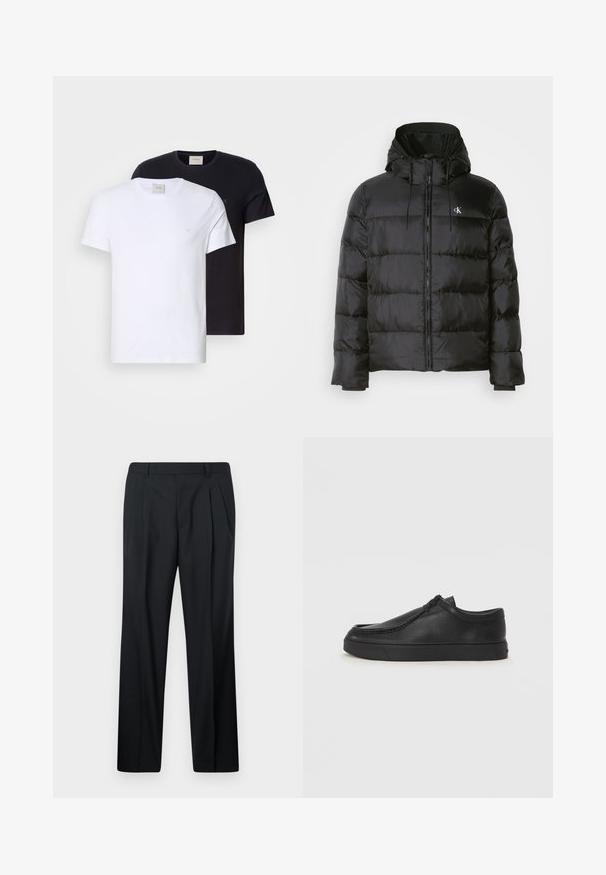 Casaco puffer preto com capuz, apresentando fecho éclair na frente, painéis cosidos, punhos elásticos e um pequeno logotipo no lado esquerdo do peito.; Duas t-shirts de gola redonda, uma branca e uma preta, feitas de algodão suave. Ambas têm um design simples e um pequeno logótipo no peito.; Calças pretas com pregas, feitas de tecido liso. Apresentam corte direito, cós com passantes e sem bolsos. Design simples.; Sapata slip-on de couro preto com biqueira arredondada, detalhes cosidos e sola de borracha preta. Textura suave com design minimalista.