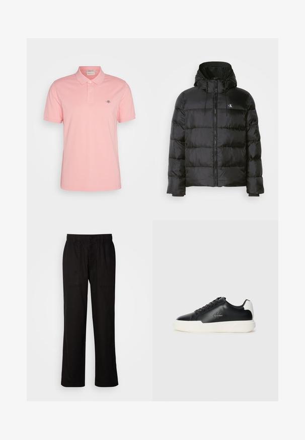 Juodas pūkinis švarkas su kapišonu, su užtrauktuku priekyje, siuvinėtomis panelėmis, elastingomis rankovėmis ir mažu logotipu kairėje krūtinės pusėje.; GANT REG SHIELD SS - Polo marškinėliai - bubbelgum pink; Juodos kelnės su laisvu siluetu, pagamintos iš lengvos medžiagos. Yra elastingas juosmuo, mygtuko užsegimas ir dvi priekinės kišenės.; Juodos odinės sportinės bateliai su balta guma. Turi apvalų nosį, raištelių dizainą ir logotipo detalę šone. Užpakalinė akcento dalis balta.