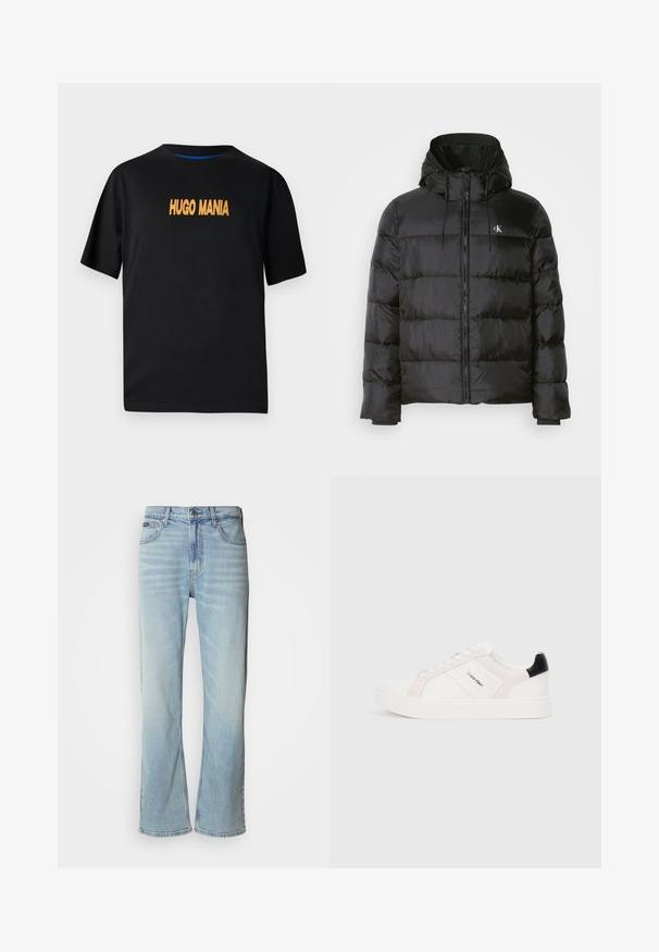 Casaco puffer preto com capuz, apresentando fecho éclair na frente, painéis cosidos, punhos elásticos e um pequeno logotipo no lado esquerdo do peito.; T-shirt preta de algodão com mangas curtas, apresentando "HUGO MANIA" impresso em laranja na parte da frente. Decote redondo, ajuste casual.; Jeans de ganga azul claro com corte reto, apresentando cinco bolsos, fecho de botão e um ligeiro desvanecimento no tecido.; Sapatilhas brancas com detalhes em rosa claro e preto, apresentando painéis de couro liso e camurça, biqueira redonda e sola de borracha plana.