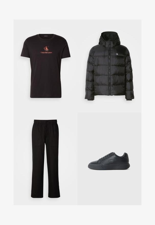 Juodas pūkinis švarkas su kapišonu, su užtrauktuku priekyje, siuvinėtomis panelėmis, elastingomis rankovėmis ir mažu logotipu kairėje krūtinės pusėje.; Juodas medvilninis marškinėliai su apvaliu kaklu, trumpomis rankovėmis ir centriniu grafiniu elementu, kuriame oranžinėmis raidėmis užrašyta "Calvin Klein Jeans" su CK logotipu.; Juodos kelnės su laisvu siluetu, pagamintos iš lengvos medžiagos. Yra elastingas juosmuo, mygtuko užsegimas ir dvi priekinės kišenės.; Juodi odiniai sportbačiai pasižymi apvalia nosimi, plokščiu padu ir raištelių uždarymo dizainu. Išskirtiniai bruožai - subtilus logotipas šone.