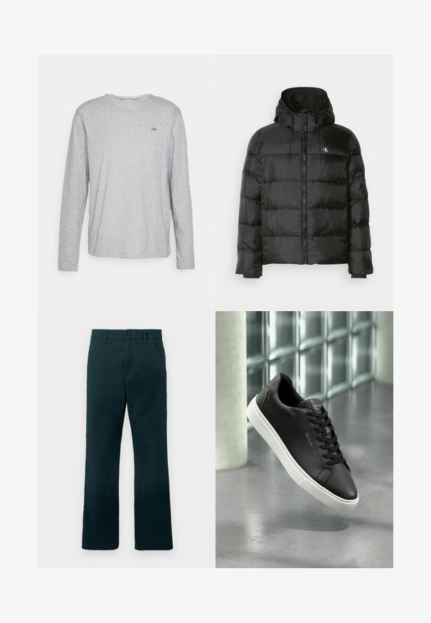 Casaco puffer preto com capuz, apresentando fecho éclair na frente, painéis cosidos, punhos elásticos e um pequeno logotipo no lado esquerdo do peito.; Camisola de algodão cinza de mangas longas com gola redonda e um pequeno logótipo bordado no peito. Textura suave e corte descontraído.; Calças retas de cor verde-escuro com passantes para cinto, bolsos laterais e fecho de botão sobre um fundo branco liso.; Sapatilha de couro preto com sola de borracha branca, bico redondo e atacadores. Apresenta uma textura suave e uma marcação subtil na língua.