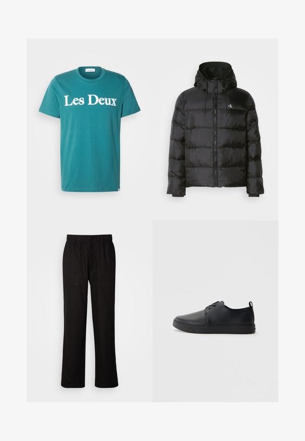 Black puffer jacket with a hood, featuring a zip front, stitched panels, elastic cuffs, and a small logo on the left chest.; Teal cotton crew-neck t-shirt featuring "Les Deux" printed in large white letters across the chest. Short sleeves and straight cut.; Black pants with a relaxed fit, made from lightweight fabric. Features an elastic waistband, button closure, and two front pockets.; Black leather sneaker with a smooth finish, rounded toe, tonal stitching, lace-up front, and a flat rubber sole. Loop at the heel.