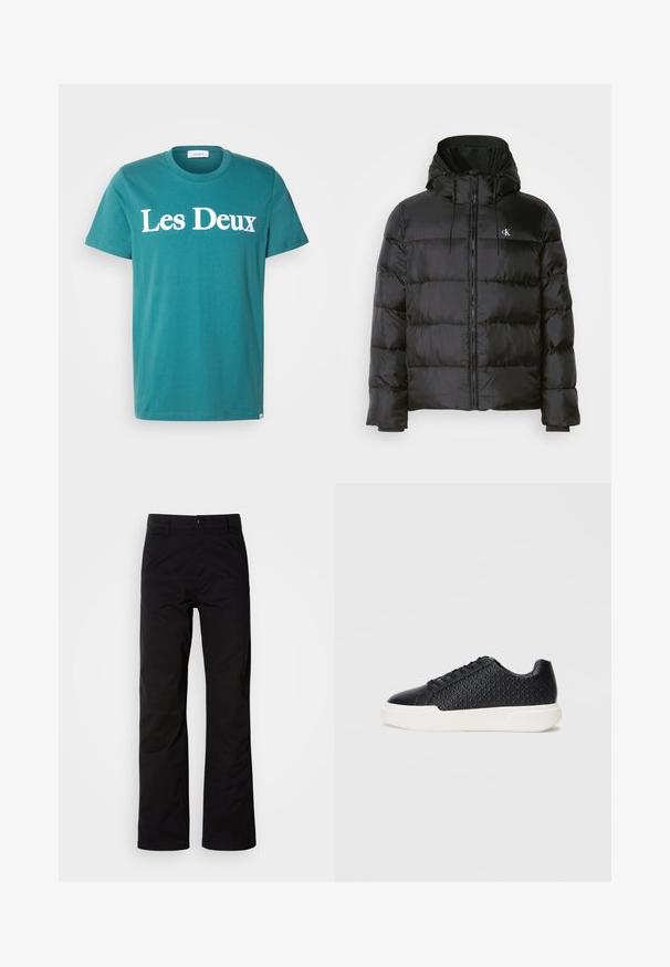 Sort pufferjakke med hætte, med lynlåslukning fortil, syede paneler, elastiske manchetter og et lille logo på venstre bryst.; Teal bomulds T-shirt med rund hals, der har "Les Deux" trykt i store hvide bogstaver over brystet. Kortærmet og lige skåret.; Sort bomuldsbukser med lige ben, der har knaplukning og bæltestropper. Glat tekstur og minimalistisk stil uden synlige mønstre.; Sort sneakers med geometrisk tekstur på siden, glat tåhætte og en hvid gummisål. Har runde snørebånd og et lavtop-design.