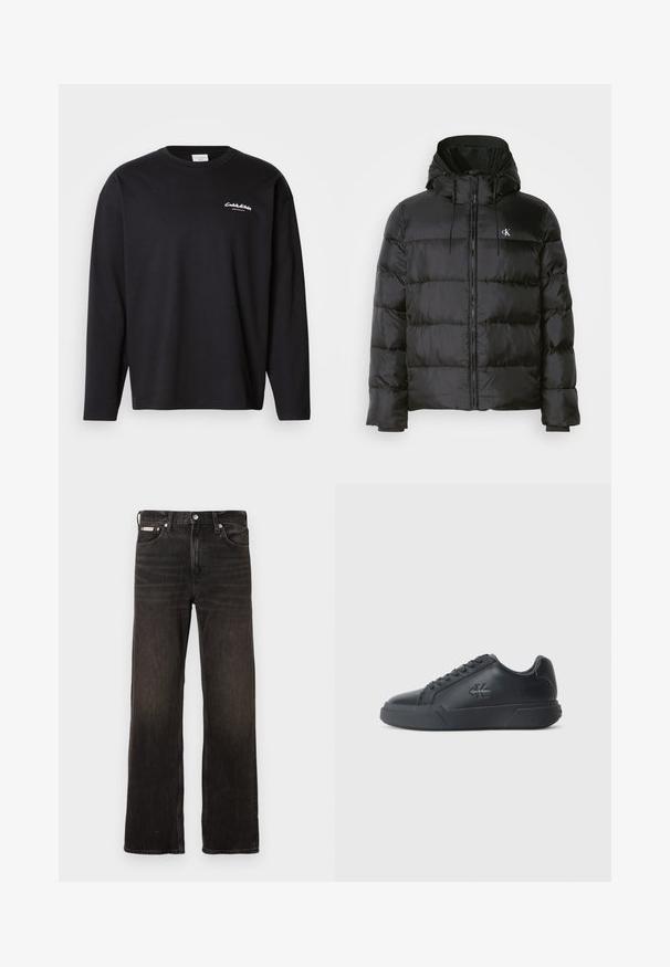 Mustat puffer-jakid, millel on kapuuts, ees on tõmblukk, õmblustel on paneelid, elastsed mansetid ja vasakul rinnal on väike logo.; Must have pikkade varrukatega must t-särk, mis on valmistatud puuvillast ja millel on ümber lõigatud krae. Vasakul rinnaosal on valge logo ja särk on lõdva istuvusega. Sile tekstuur.; Mustad teksad otse sääre kujundusega, pleekinud viimistlusega, viie-tasku stiiliga ja metallist nööbiga sulgemine. Omab kerget narmendamist.; Mustad mustkatsed on ümmarguse varvastega, lamedate tallaga ja paeltega disainiga. Märkimisväärsed detailid hõlmavad külje peal asuvat diskreetset logo.