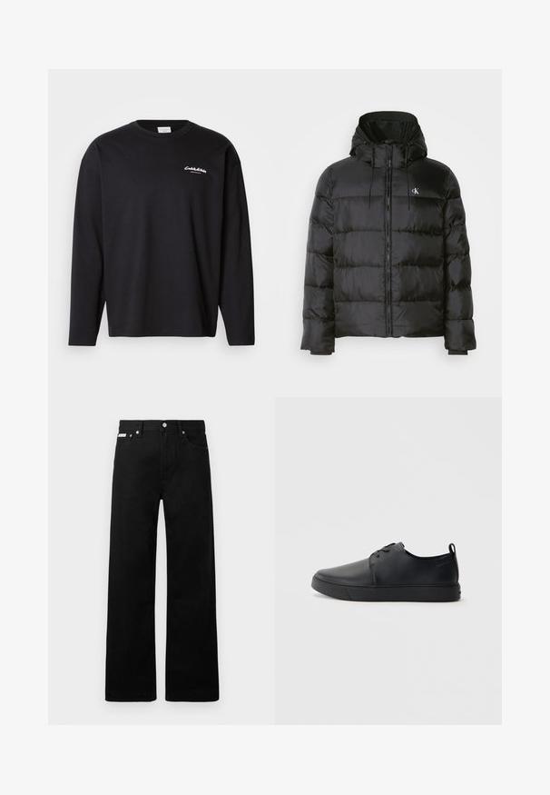 Black puffer jacket with a hood, featuring a zip front, stitched panels, elastic cuffs, and a small logo on the left chest.; Black long-sleeve t-shirt made from cotton with a crew neck. Features white logo on the left chest and a relaxed fit. Smooth texture.; Black denim pants with a wide-leg design, featuring five pockets and metallic button hardware. Smooth texture, no visible patterns.; Black leather sneaker with a smooth finish, rounded toe, tonal stitching, lace-up front, and a flat rubber sole. Loop at the heel.