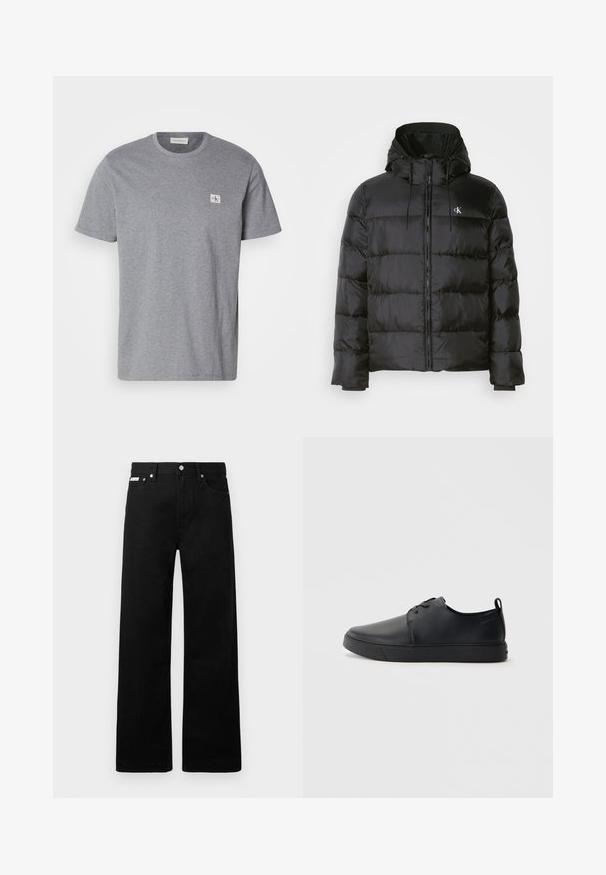 Čierna prešívaná bunda s kapucňou, so zipsom vpredu, prešitými panelmi, elastickými manžetami a malým logom na ľavej hrudi.; Šedé tričko vyrobené z bavlneného zmesového materiálu, s okrúhlym výstrihom, krátkymi rukávmi a malou nášivkou loga CK na ľavej hrudi.; Čierne džínsy s širokými nohavicami, obsahujúce päť vreciek a kovové zapínanie. Hladká textúra, bez viditeľných vzorov.; Čierne kožené tenisky s hladkým povrchom, zaoblenou špičkou, tonálnym šitím, šnurovaním vpredu a plochou gumovou podrážkou. Obojok na päte.