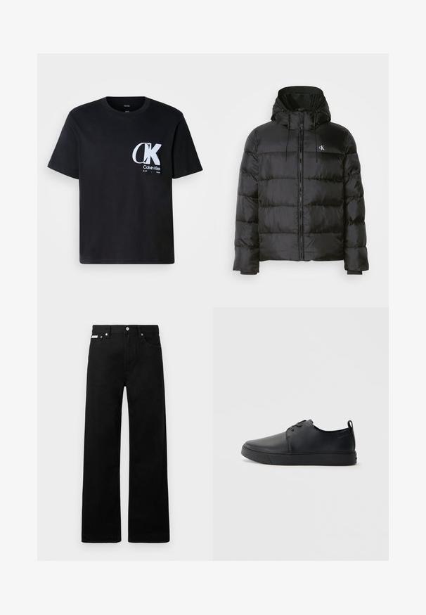 Black puffer jacket with a hood, featuring a zip front, stitched panels, elastic cuffs, and a small logo on the left chest.; Black cotton t-shirt with short sleeves, round neck, featuring a white "CK" logo on the left chest. Smooth texture, straight hem.; Black denim pants with a wide-leg design, featuring five pockets and metallic button hardware. Smooth texture, no visible patterns.; Black leather sneaker with a smooth finish, rounded toe, tonal stitching, lace-up front, and a flat rubber sole. Loop at the heel.