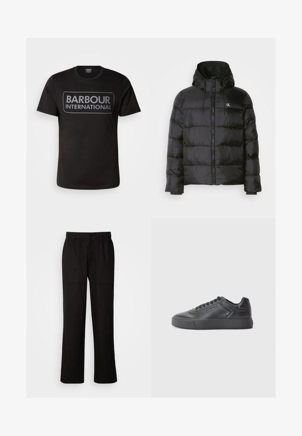 Black puffer jacket with a hood, featuring a zip front, stitched panels, elastic cuffs, and a small logo on the left chest.; Black cotton T-shirt featuring a large gray "BARBOUR INTERNATIONAL" logo on the front. Classic crew neckline with short sleeves.; Black pants with a relaxed fit, made from lightweight fabric. Features an elastic waistband, button closure, and two front pockets.; Black leather sneaker with a rounded toe, flat rubber sole, and contrasting stitching. Features a logo on the side and lace-up design.