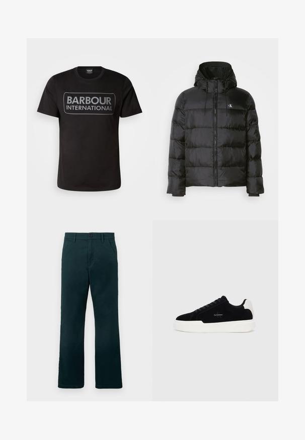 Casaco puffer preto com capuz, apresentando fecho éclair na frente, painéis cosidos, punhos elásticos e um pequeno logotipo no lado esquerdo do peito.; T-shirt de algodão preto com um grande logotipo cinza "BARBOUR INTERNATIONAL" na frente. Gola redonda clássica com mangas curtas.; Calças retas de cor verde-escuro com passantes para cinto, bolsos laterais e fecho de botão sobre um fundo branco liso.; Sapatilha preta de cano baixo com sola e aba do calcanhar brancas, com atacadores à frente e logotipo da Calvin Klein na lateral.