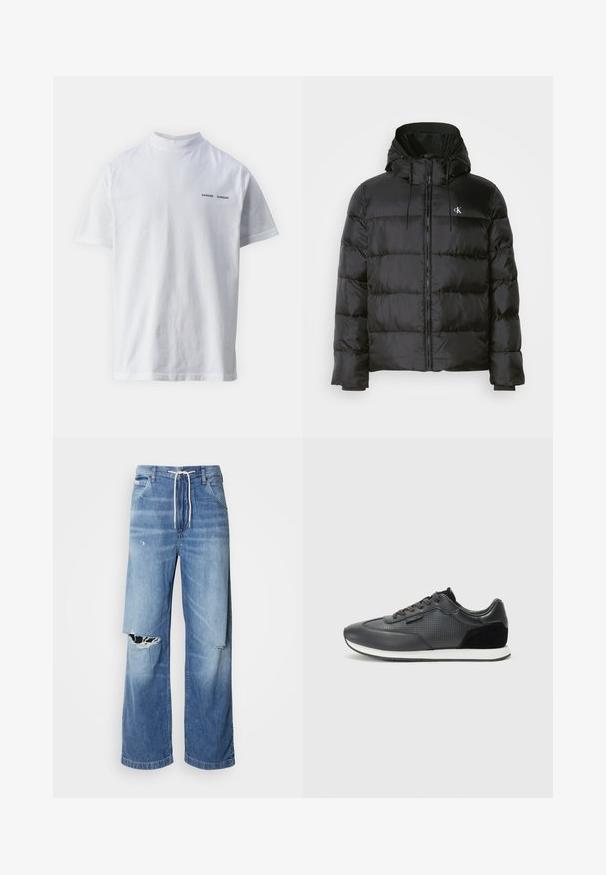 Sort pufferjakke med hætte, med lynlåslukning fortil, syede paneler, elastiske manchetter og et lille logo på venstre bryst.; Hvid bomulds t-shirt med høj halsudskæring og korte ærmer. Har "SAMSØE SAMSØE" logo i sort på forsiden. Glat tekstur.; Lysblå denimjeans med en løs pasform, der har en hvid snor i taljen og tydelige riv på forsiden, som viser frynset kanter.; Sorte atletiske sneakers med overdel i læder, perforerede detaljer, suede accenter og en hvid gummisål. Klassisk snørebåndsdesign.