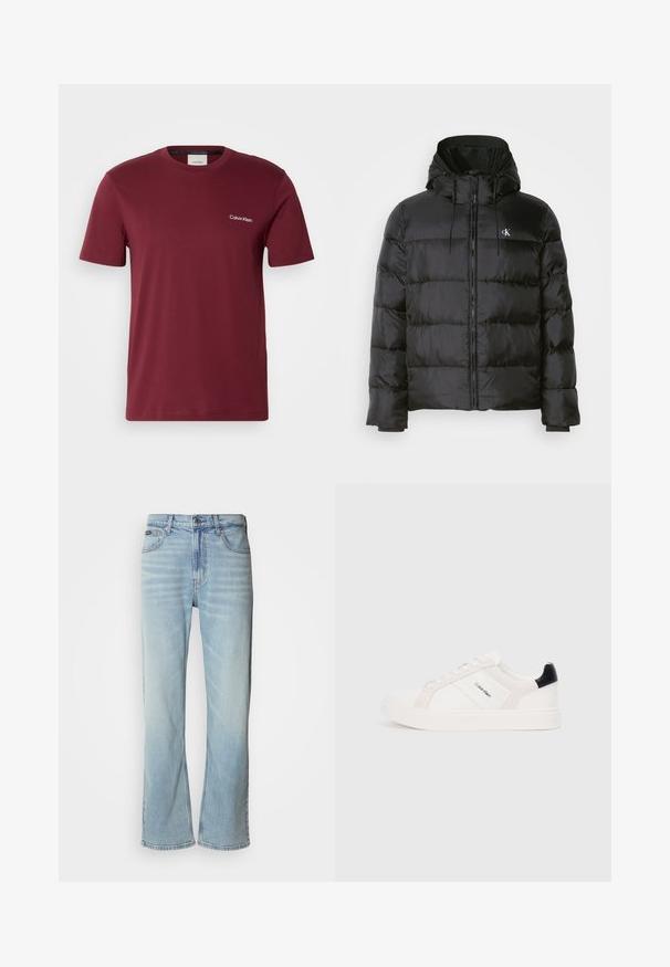 Juodas pūkinis švarkas su kapišonu, su užtrauktuku priekyje, siuvinėtomis panelėmis, elastingomis rankovėmis ir mažu logotipu kairėje krūtinės pusėje.; Bordo spalvota trumpa rankovė T-shirt, pagaminta iš medvilnės, su baltu "Calvin Klein" logotipu ant krūtinės ir klasikiniu apvaliu kaklu.; Šviesiai mėlyni džinsai su tiesiu šonu, turintys penkis kišenes, mygtukų uždarymą ir subtilų išblukimą audinyje.; Baltai sportbačiai su šviesiai rožiniais ir juodais akcentais, turintys lygaus odos ir zomšo panelius, apvalią noselę ir plokščią gumos padą.