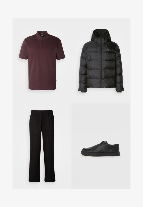 Černá péřovka s kapucí, s předním zipem, stehovanými panely, elastickými manžetami a malým logem na levé hrudi.; BOSS C-PARRIS 01 - Polotričko - open red; Černé kalhoty s uvolněným střihem, vyrobené z lehké tkaniny. Mají elastický pas, knoflíkový uzávěr a dvě přední kapsy.; Černé kožené nazouvací boty s kulatou špičkou, prošitím a černou gumovou podrážkou. Hladký povrch s minimalistickým designem.