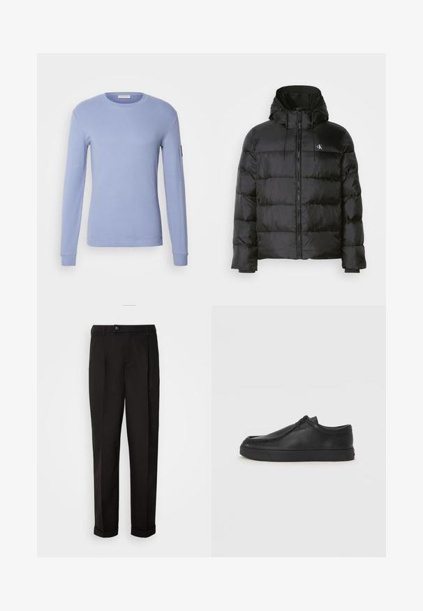 Juodas pūkinis švarkas su kapišonu, su užtrauktuku priekyje, siuvinėtomis panelėmis, elastingomis rankovėmis ir mažu logotipu kairėje krūtinės pusėje.; Šviesiai mėlyna marškinėlių su ilgomis rankovėmis, voratinkline tekstūra, apvaliu iškirpimu, prigludusiomis rankovėmis su džinsinėmis apykaklėmis, subtili prekės ženklo detalė ant rankovės.; Juodos kelnės su lygiu paviršiumi, tiesaus kirpimo, su dviem priekinių kišenių ir vieno mygtuko uždarymu juosmenyje.; Juodos odinės supjamintus batelius su apvaliu pirštu, siuvinėtu akcentu ir juodu guminiu padu. Lygus tekstūra su minimalistišku dizainu.