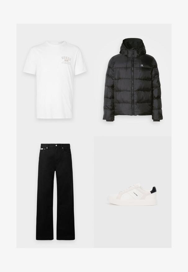 Geacă neagră din puf cu glugă, cu fermoar în față, panouri cusute, manșete elastice și un logo mic pe pieptul stâng.; Tricou alb din bumbac cu mâneci scurte. Prezintă un logo imprimat bej "GUESS 1981" și textul "DESIGN CLASIC LOS ANGELES, CA" pe piept.; Pantaloni din denim negri cu un design cu picioare largi, având cinci buzunare și accesorii metalice pentru butoane. Textură netedă, fără modele vizibile.; Tenesi albi cu detalii roz deschis și negre, având panouri din piele netedă și suede, vârf rotund și talpă plată din cauciuc.