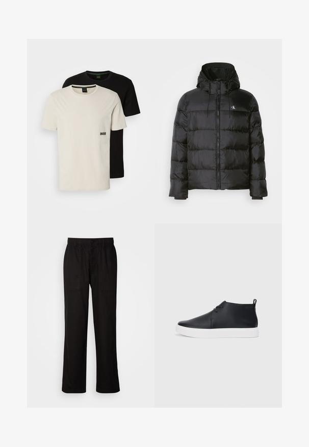 Sort pufferjakke med hætte, med lynlåslukning fortil, syede paneler, elastiske manchetter og et lille logo på venstre bryst.; To sæt crew-neck t-shirts i bomuld: en hvid med et brystlogo og en sort. Korte ærmer, klassisk pasform, sømløs halsudskæring.; Sorte bukser med en afslappet pasform, lavet af letvægtsstof. Har elastisk talje, knaplukning og to forlommer.; Sorte læder højtop sneakers med en glat finish, hvid gummisål og simpel snørebåndsdesign. Har en pull tab bagpå.