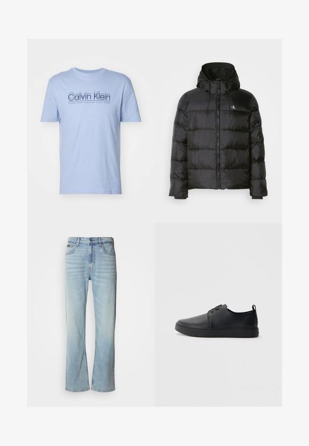Juodas pūkinis švarkas su kapišonu, su užtrauktuku priekyje, siuvinėtomis panelėmis, elastingomis rankovėmis ir mažu logotipu kairėje krūtinės pusėje.; Šviesiai mėlyna medvilninė marškinėliai su trumpomis rankovėmis ir apvaliu iškirpimu. Priekyje yra tamsiai mėlynas logotipas su užrašu "Calvin Klein" ir "Įkurta 1968 metais."; Šviesiai mėlyni džinsai su tiesiu šonu, turintys penkis kišenes, mygtukų uždarymą ir subtilų išblukimą audinyje.; Juodos odinės sportinės bateliai su lygiu paviršium, suapvalinta nosimi, toniniais siūlais, raištelių užsegimu priekyje ir plokščiu guminiu padu. Kilpelė ant kulno.