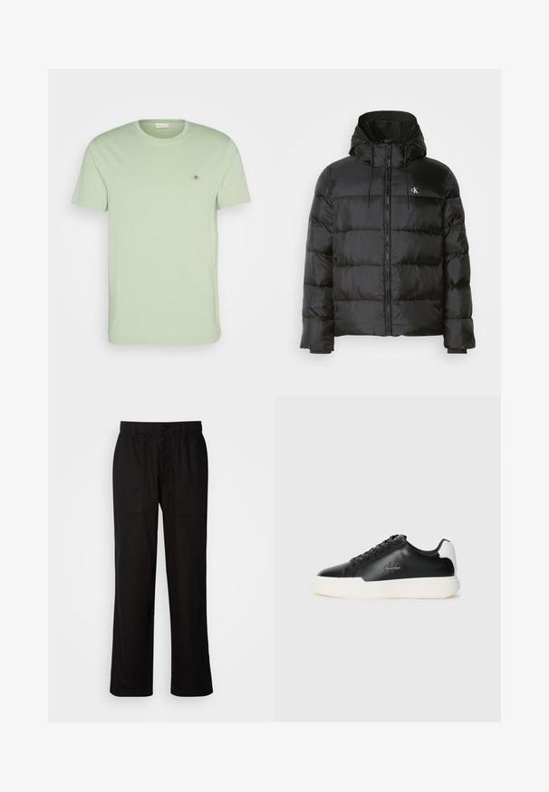 Sort pufferjakke med hætte, med lynlåslukning fortil, syede paneler, elastiske manchetter og et lille logo på venstre bryst.; GANT SHIELD - T-shirts basic - milky matcha; Sorte bukser med en afslappet pasform, lavet af letvægtsstof. Har elastisk talje, knaplukning og to forlommer.; Sorte lædersneakers med hvid gummisål. Har rundt tå, snørebåndsdesign og logo-detajle på siden. Bagakcent i hvid.