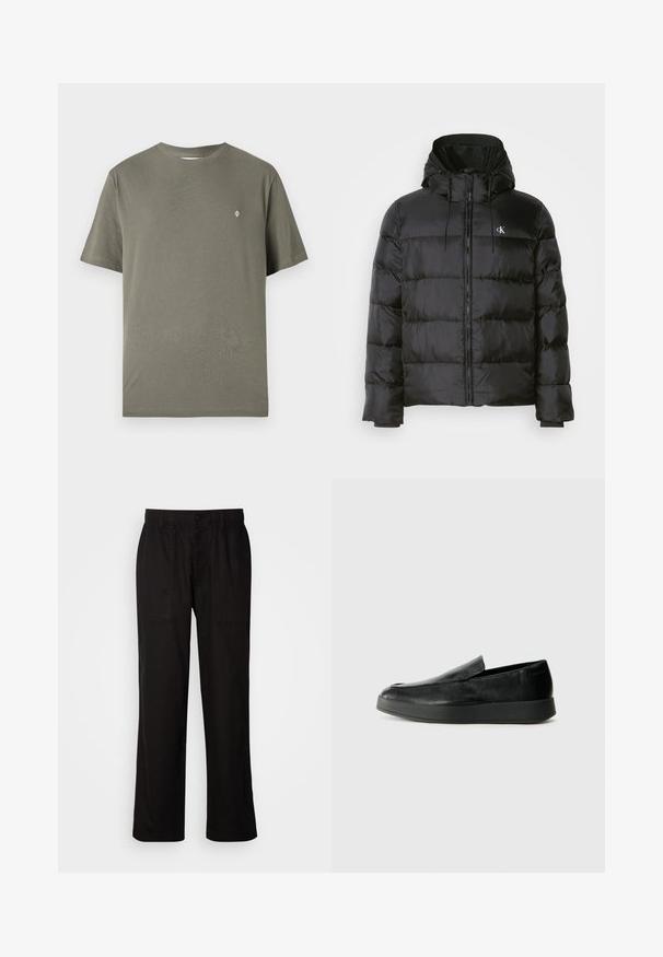 Black puffer jacket with a hood, featuring a zip front, stitched panels, elastic cuffs, and a small logo on the left chest.; Olive green cotton t-shirt with a crew neck, short sleeves, and a small white logo on the chest. Simple, unadorned design.; Black pants with a relaxed fit, made from lightweight fabric. Features an elastic waistband, button closure, and two front pockets.; Calvin Klein HYBRID CUP - Slip-ons - triple black
