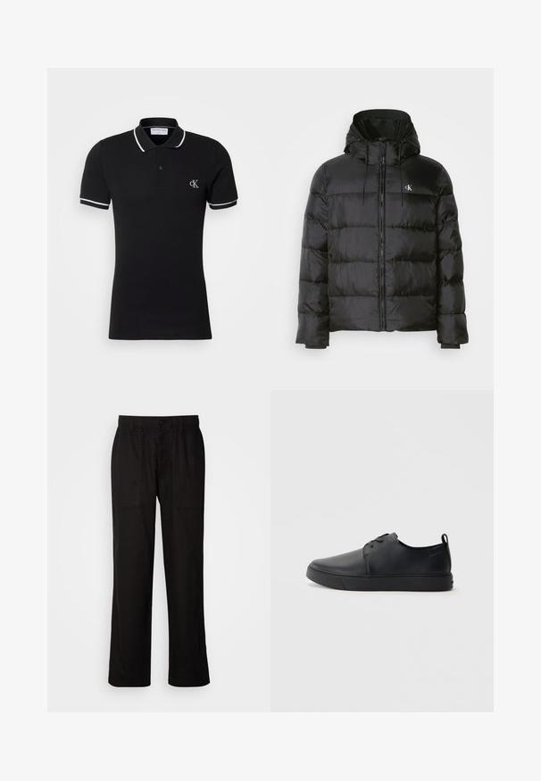 Svart pufferjakke med hette, med glidelås foran, sømdelte paneler, elastiske mansjetter og en liten logo på venstre bryst.; Svart polo skjorte laget av bomull, med en lett stretch, hvit krage og erme trim, samt en liten logo på brystet.; Svart bukser med avslappet passform, laget av lett stoff. Har elastisk midjebånd, knapplukking og to frontlommer.; Svart lær sneakers med glatt overflate, rund tå, tonede sømmer, snøring foran og flat gummisåle. Løkke på hælen.
