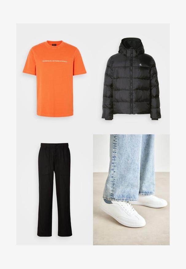 Černá péřovka s kapucí, s předním zipem, stehovanými panely, elastickými manžetami a malým logem na levé hrudi.; Oranžové bavlněné tričko s kulatým výstřihem a krátkým rukávem. Na hrudi se nachází bílý nápis "BARBOUR INTERNATIONAL".; Černé kalhoty s uvolněným střihem, vyrobené z lehké tkaniny. Mají elastický pas, knoflíkový uzávěr a dvě přední kapsy.; Bílé tenisky s hladkým materiálem, šněrovacím designem, texturovanou gumovou podešví a tyrkysovým akcentem na patě, v kombinaci se světle modrými džíny.