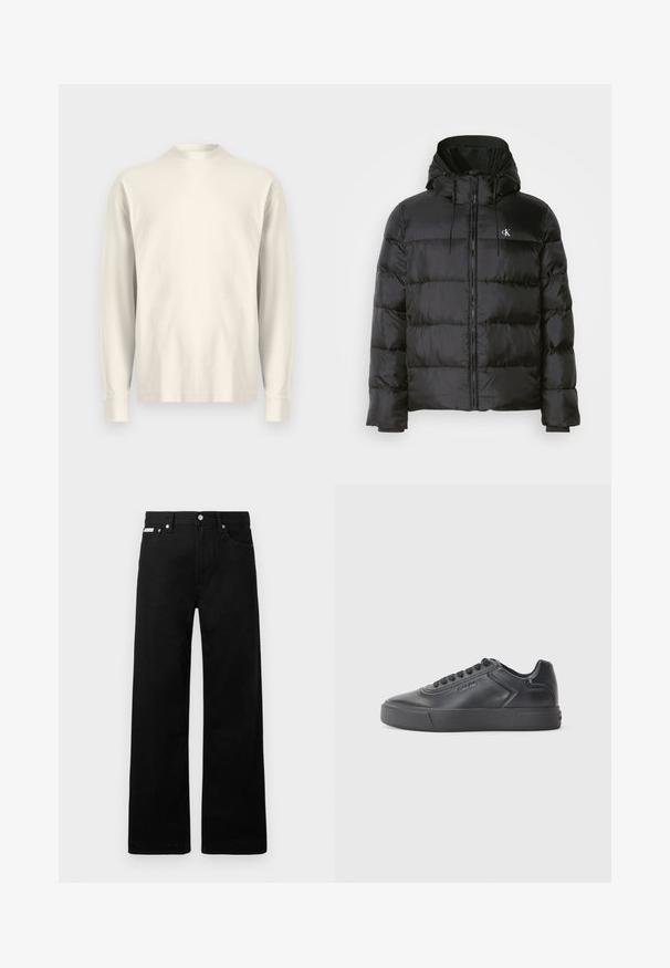 Juodas pūkinis švarkas su kapišonu, su užtrauktuku priekyje, siuvinėtomis panelėmis, elastingomis rankovėmis ir mažu logotipu kairėje krūtinės pusėje.; Ilgų rankovių, su apykakle, šviesiai kreminės spalvos medvilnės marškiniai. Švelni tekstūra, laisvas fitas, minimalus dizainas, be matomų raštų ar akcentų.; Juodos džinsinės kelnės su plačiu kojų dizainu, turinčios penkias kišenes ir metalinius sagčių akcentus. Lygus paviršius, be matomų raštų.; Juodas odinis sportinis batelis su suapvalintu pirštu, plokščiu guminio pado ir kontrastinga siuvinėdama. Su logotipu šone ir raištelių dizainu.